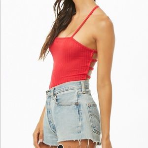 Red ribbed cage back bodysuit